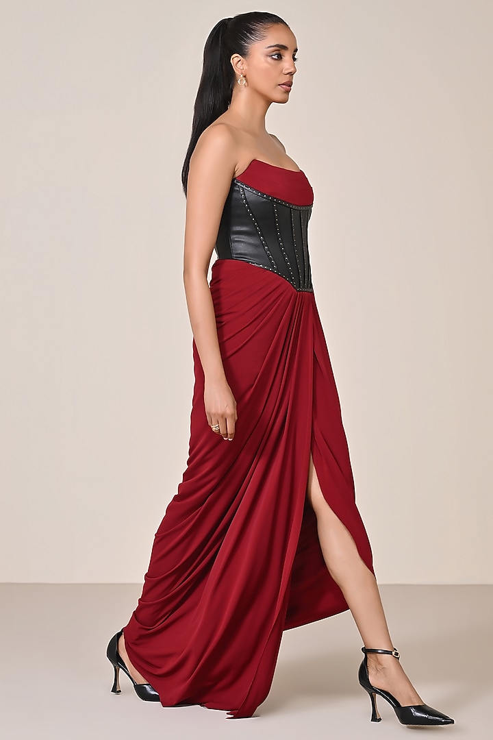 Cherry Red Jersey Spandex Blend Printed Corset Engagement Gown by S&N by Shantnu Nikhil at Pernia's Pop Up Shop