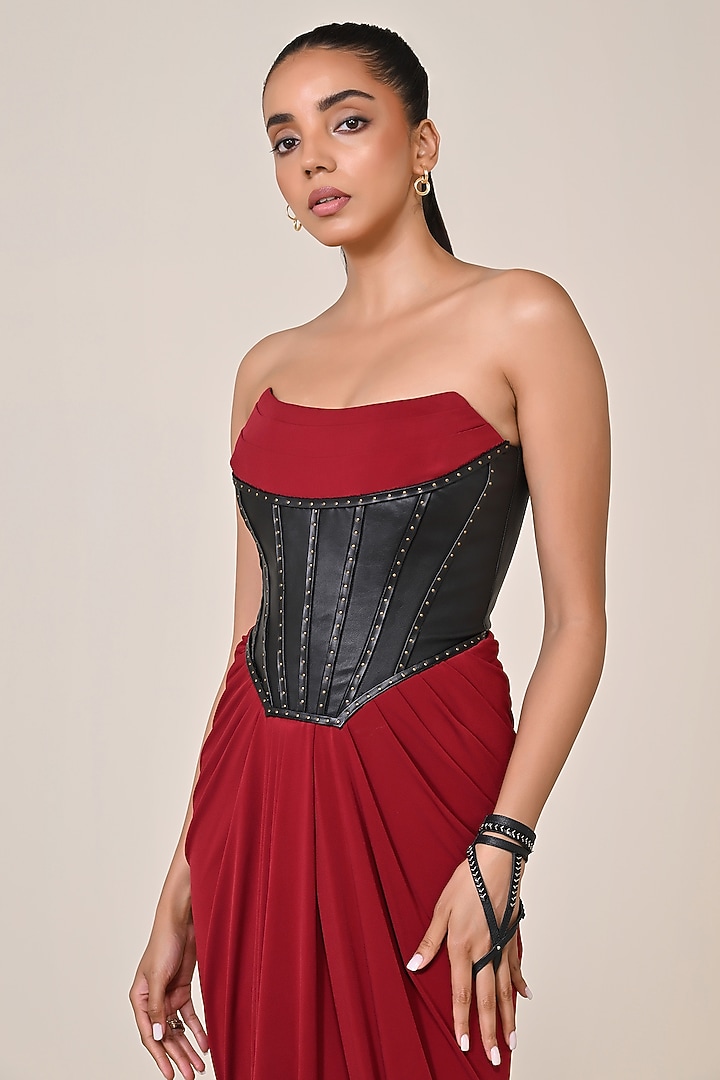 Cherry Red Jersey Spandex Blend Printed Corset Engagement Gown by S&N by Shantnu Nikhil at Pernia's Pop Up Shop
