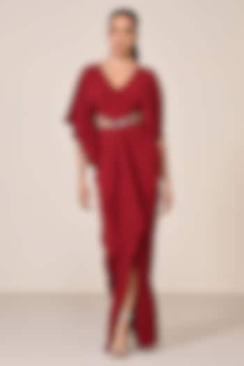 Cherry Red Jersey Embellished Draped Engagement Gown by S&N by Shantnu Nikhil at Pernia's Pop Up Shop