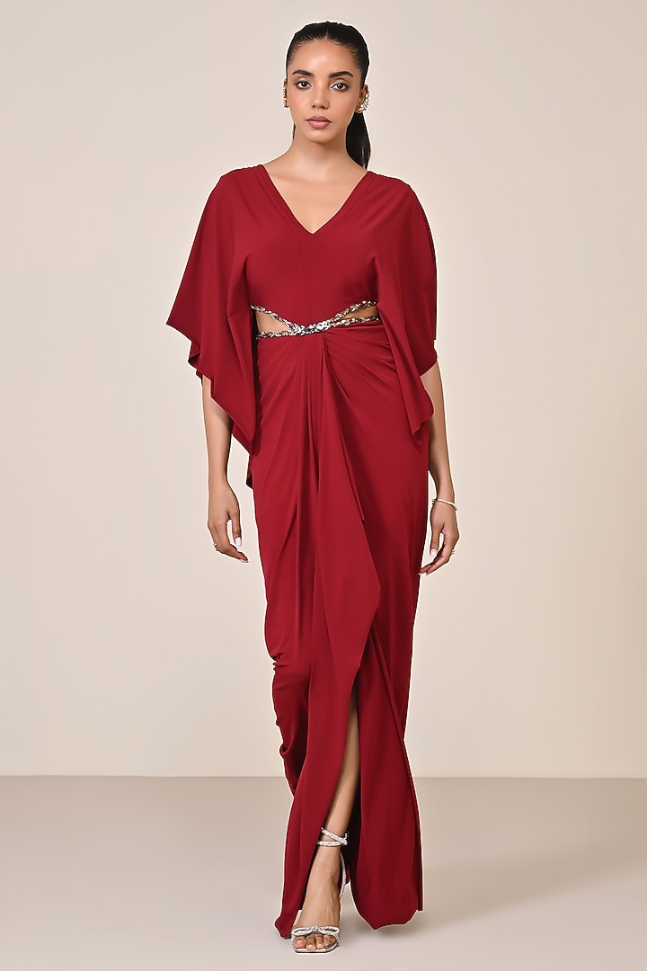 Cherry Red Jersey Embellished Draped Engagement Gown by S&N by Shantnu Nikhil at Pernia's Pop Up Shop