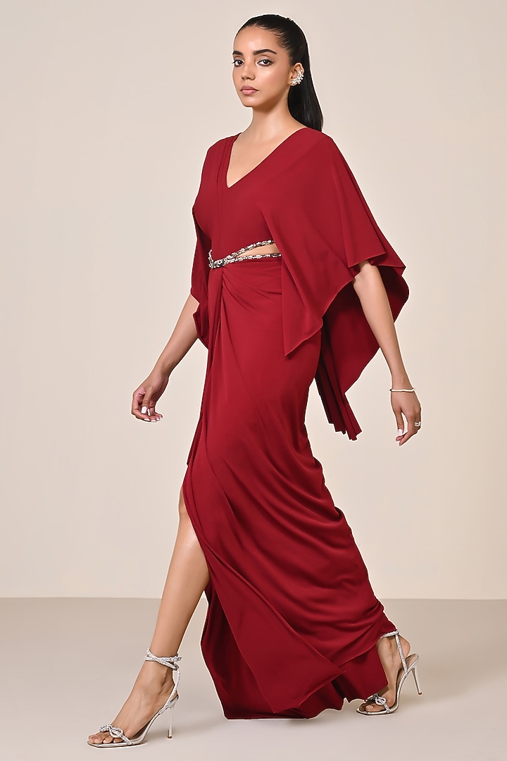 Cherry Red Jersey Embellished Draped Engagement Gown by S&N by Shantnu Nikhil at Pernia's Pop Up Shop