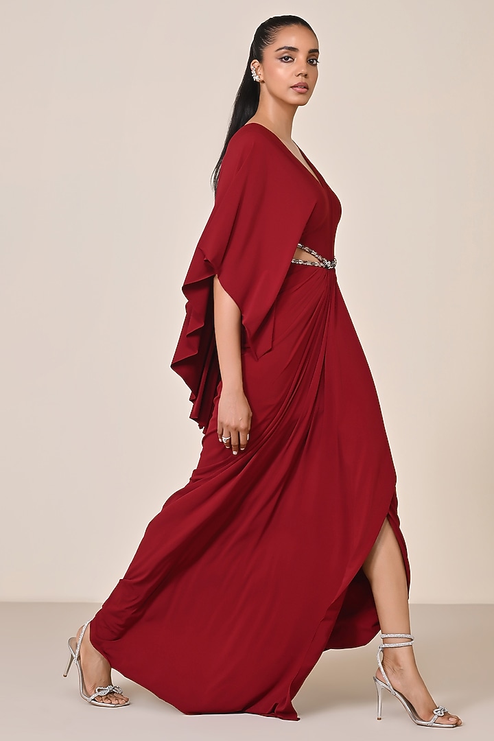 Cherry Red Jersey Embellished Draped Engagement Gown by S&N by Shantnu Nikhil at Pernia's Pop Up Shop