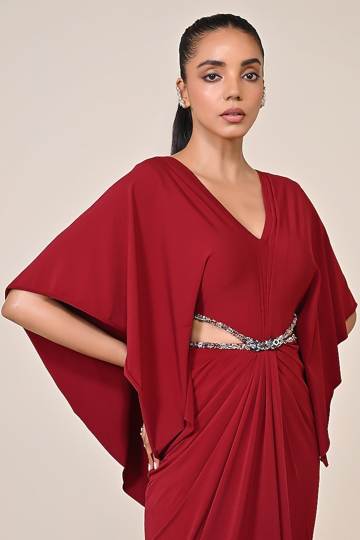 Cherry Red Jersey Embellished Draped Engagement Gown by S&N by Shantnu Nikhil at Pernia's Pop Up Shop
