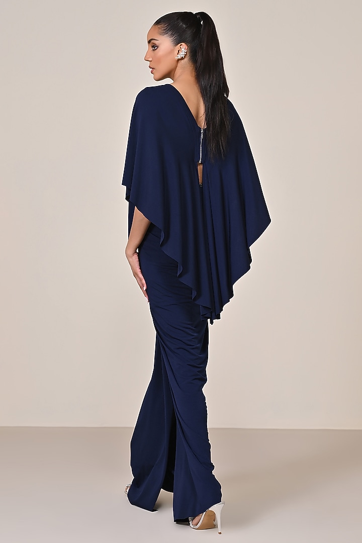Navy Blue Jersey Spandex Blend Embellished Draped Engagement Gown by S&N by Shantnu Nikhil at Pernia's Pop Up Shop
