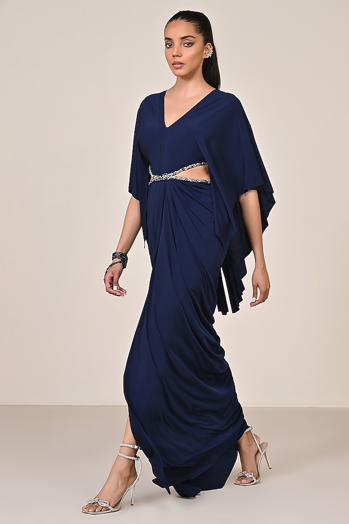 Navy Blue Jersey Spandex Blend Embellished Draped Engagement Gown by S&N by Shantnu Nikhil at Pernia's Pop Up Shop