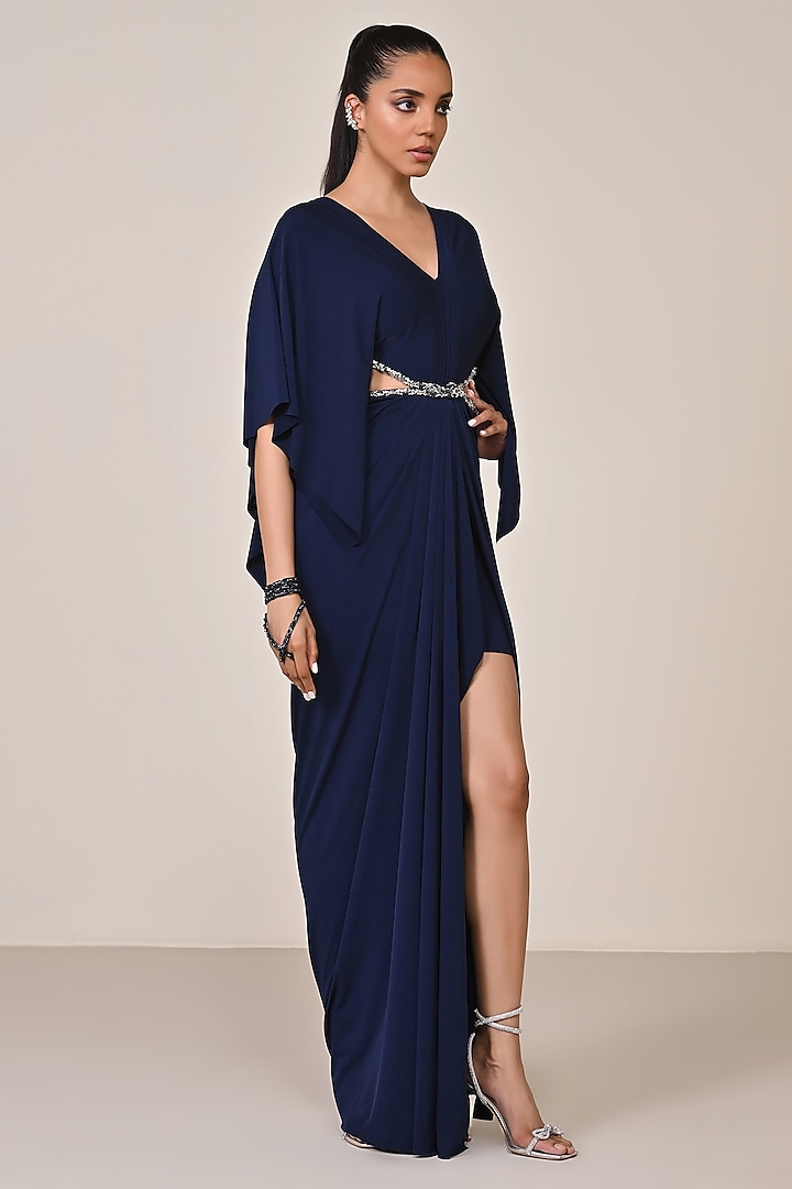 Navy Blue Jersey Spandex Blend Embellished Draped Engagement Gown by S&N by Shantnu Nikhil at Pernia's Pop Up Shop