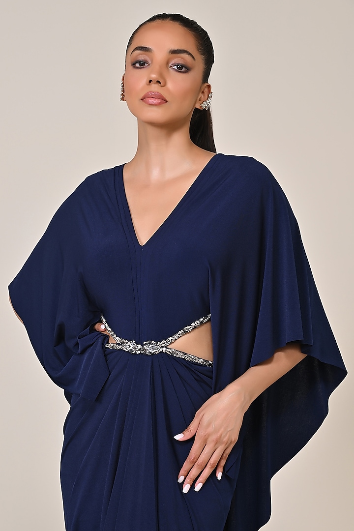 Navy Blue Jersey Spandex Blend Embellished Draped Engagement Gown by S&N by Shantnu Nikhil at Pernia's Pop Up Shop