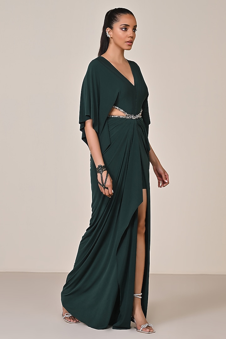Emerald Green Jersey Spandex Blend Embellished Draped Engagement Gown by S&N by Shantnu Nikhil at Pernia's Pop Up Shop