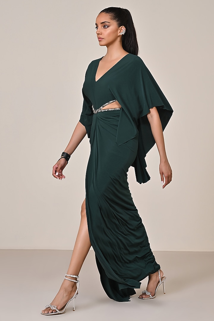 Emerald Green Jersey Spandex Blend Embellished Draped Engagement Gown by S&N by Shantnu Nikhil at Pernia's Pop Up Shop
