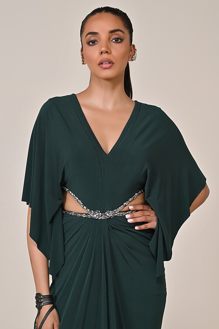 Emerald Green Jersey Spandex Blend Embellished Draped Engagement Gown by S&N by Shantnu Nikhil at Pernia's Pop Up Shop