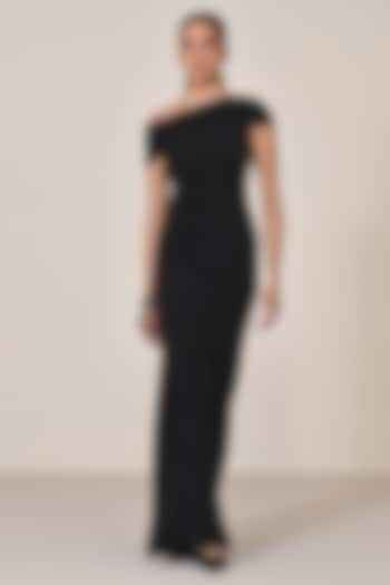 Black Poly Jersey Embellished One-Shoulder Wedding Saree Gown by S&N by Shantnu Nikhil at Pernia's Pop Up Shop