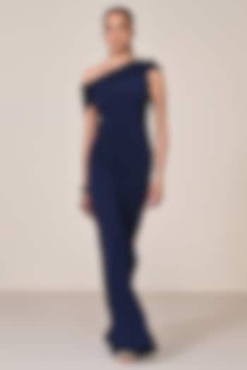 Navy Blue Jersey Embellished One-Shoulder Wedding Saree Gown by S&N by Shantnu Nikhil at Pernia's Pop Up Shop