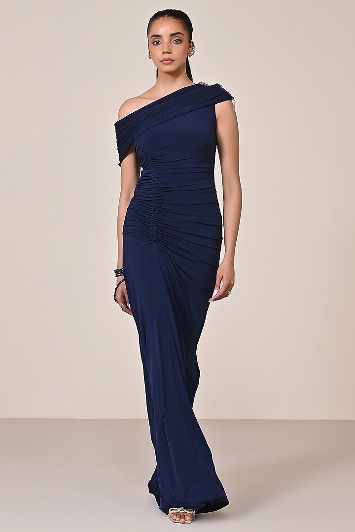Navy Blue Jersey Embellished One-Shoulder Wedding Saree Gown by S&N by Shantnu Nikhil at Pernia's Pop Up Shop