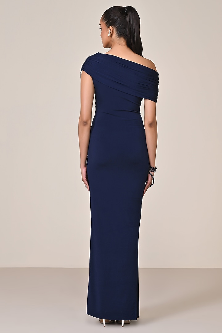 Navy Blue Jersey Embellished One-Shoulder Wedding Saree Gown by S&N by Shantnu Nikhil at Pernia's Pop Up Shop