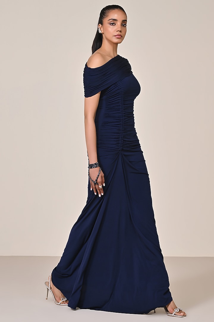 Navy Blue Jersey Embellished One-Shoulder Wedding Saree Gown by S&N by Shantnu Nikhil at Pernia's Pop Up Shop