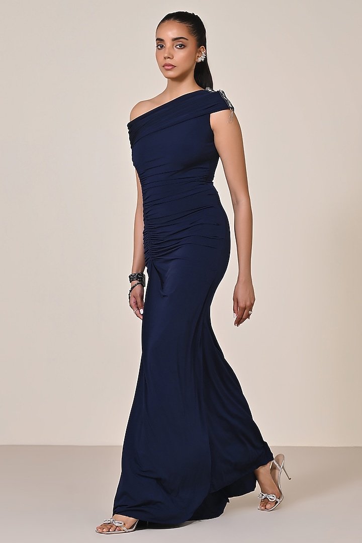 Navy Blue Jersey Embellished One-Shoulder Wedding Saree Gown by S&N by Shantnu Nikhil at Pernia's Pop Up Shop