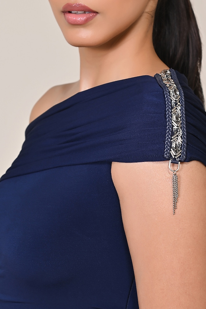 Navy Blue Jersey Embellished One-Shoulder Wedding Saree Gown by S&N by Shantnu Nikhil at Pernia's Pop Up Shop