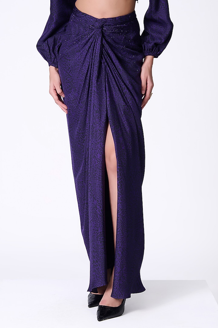 Purple Silk Twill Leopard Printed Draped Skirt by S&N by Shantnu Nikhil at Pernia's Pop Up Shop