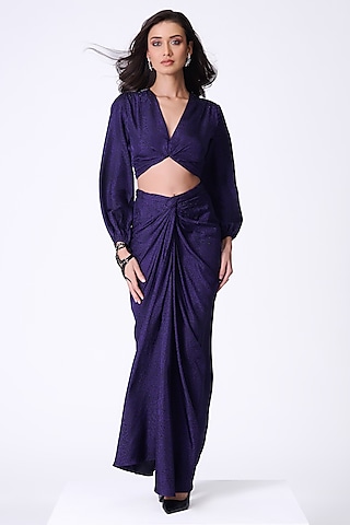 Purple Silk Twill Leopard Printed Draped Skirt by S&N by Shantnu Nikhil