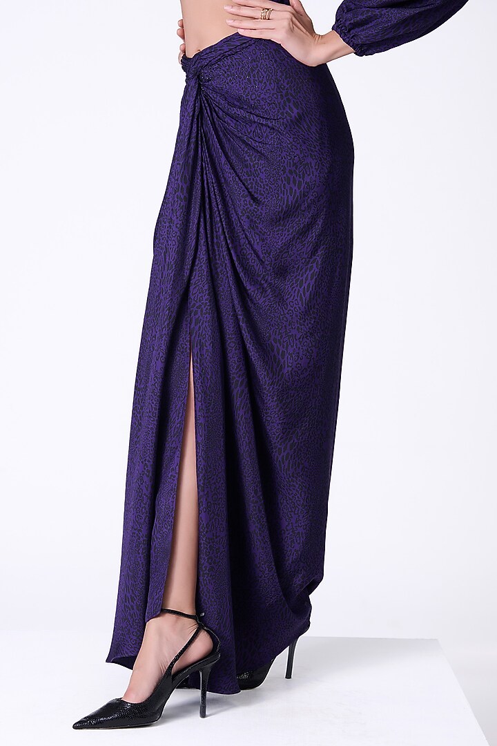 Purple Silk Twill Leopard Printed Draped Skirt by S&N by Shantnu Nikhil at Pernia's Pop Up Shop