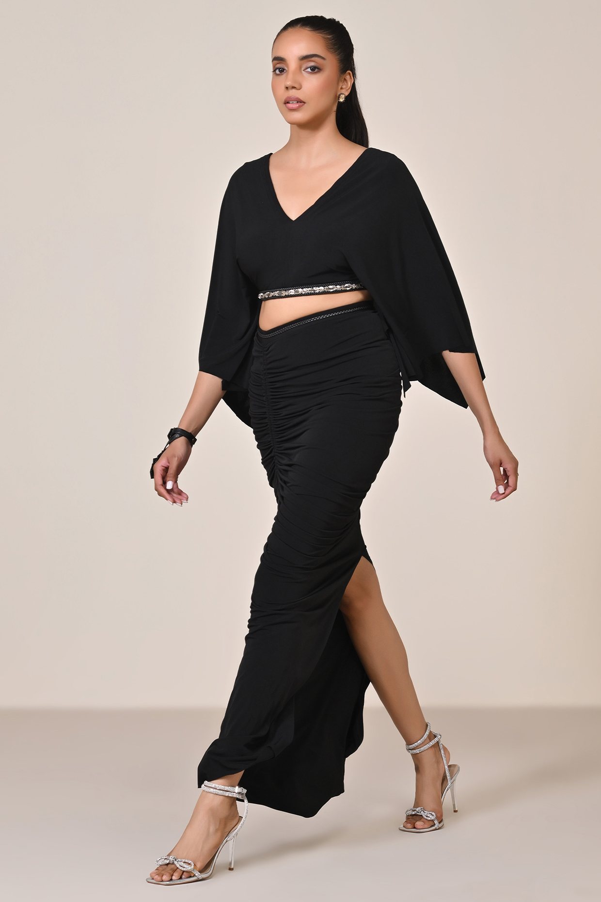 Black Jersey Asymmetric Gathered Skirt by S&N by Shantnu Nikhil at Pernia's Pop Up Shop