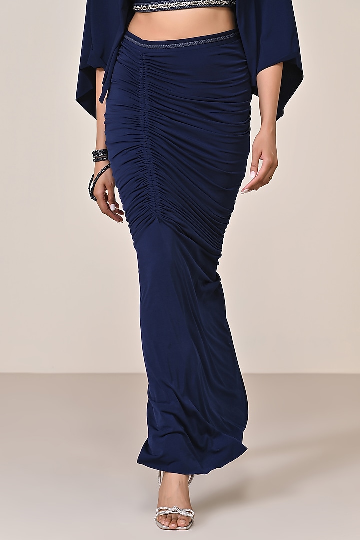 Navy Blue Poly Jersey Asymmetric Gathered Skirt by S&N by Shantnu Nikhil at Pernia's Pop Up Shop