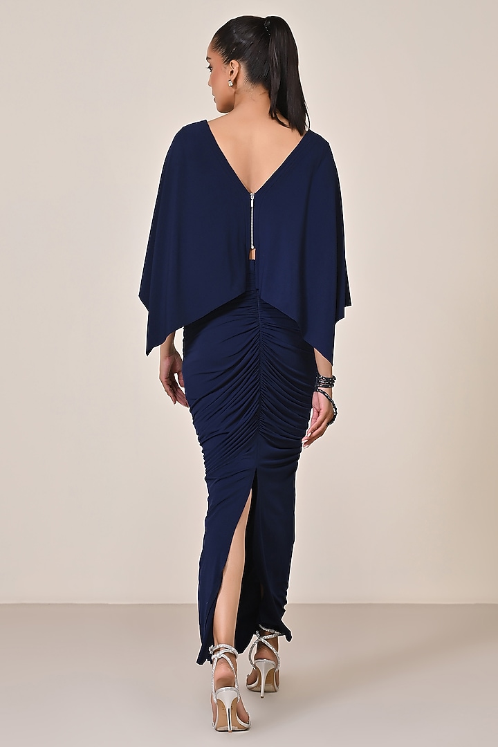 Navy Blue Poly Jersey Asymmetric Gathered Skirt by S&N by Shantnu Nikhil at Pernia's Pop Up Shop