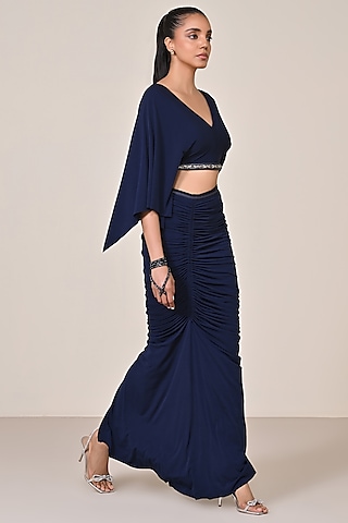 Navy Blue Poly Jersey Asymmetric Gathered Skirt by S&N by Shantnu Nikhil