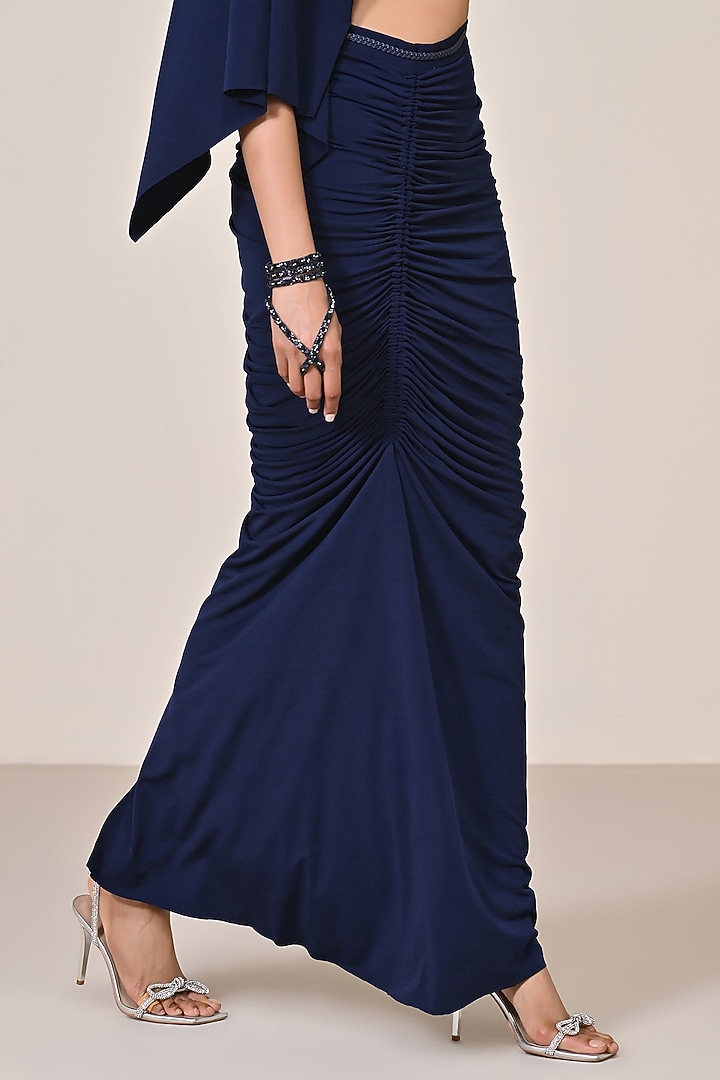 Navy Blue Poly Jersey Asymmetric Gathered Skirt by S&N by Shantnu Nikhil at Pernia's Pop Up Shop
