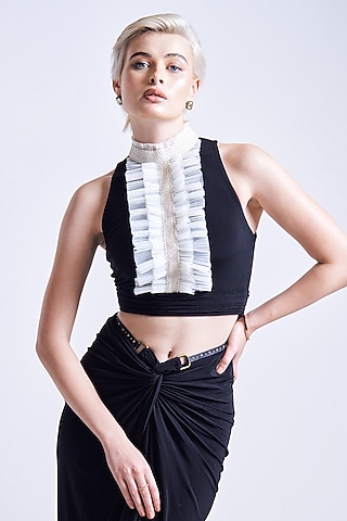 Black Jersey Sculpted Crop Top by S&N by Shantnu Nikhil