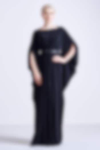 Black Jersey Asymmetrical Maxi Vacation Dress With Belt by S&N by Shantnu Nikhil at Pernia's Pop Up Shop