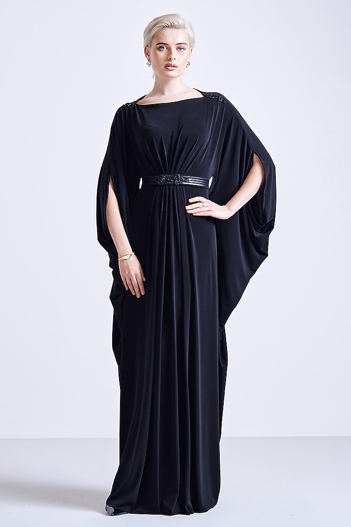 Black Jersey Asymmetrical Maxi Vacation Dress With Belt by S&N by Shantnu Nikhil at Pernia's Pop Up Shop