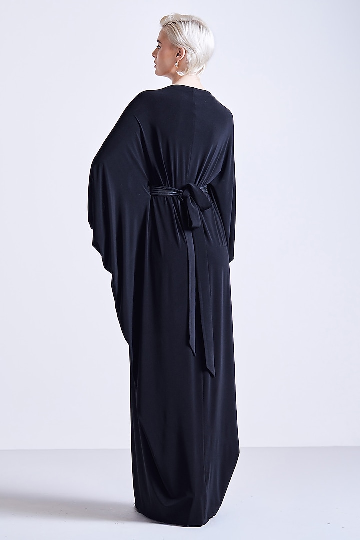 Black Jersey Asymmetrical Maxi Vacation Dress With Belt by S&N by Shantnu Nikhil at Pernia's Pop Up Shop