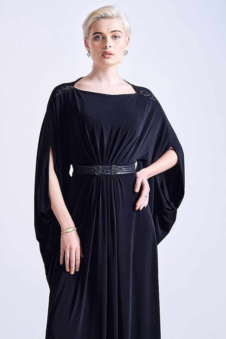 Black Jersey Asymmetrical Maxi Vacation Dress With Belt by S&N by Shantnu Nikhil at Pernia's Pop Up Shop