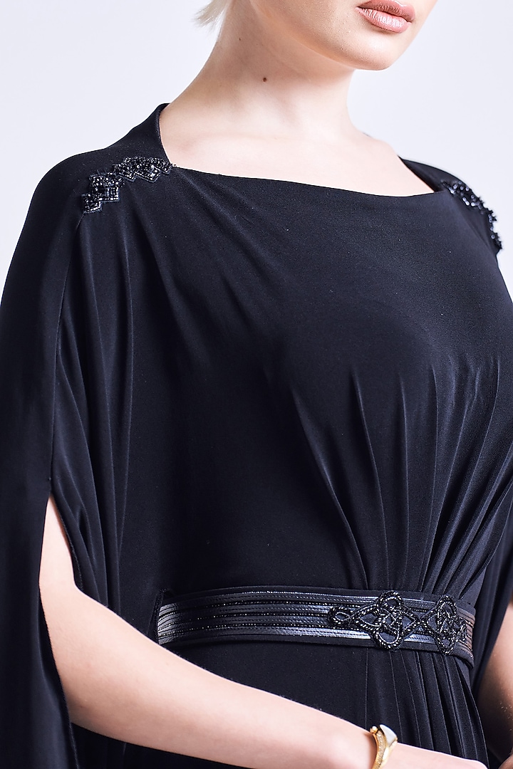 Black Jersey Asymmetrical Maxi Vacation Dress With Belt by S&N by Shantnu Nikhil at Pernia's Pop Up Shop