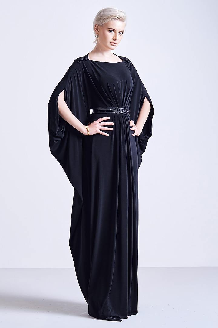 Black Jersey Asymmetrical Maxi Vacation Dress With Belt by S&N by Shantnu Nikhil at Pernia's Pop Up Shop