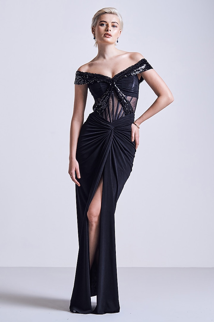 Black Jersey Off-Shoulder Corset Wedding Gown Saree by S&N by Shantnu Nikhil at Pernia's Pop Up Shop