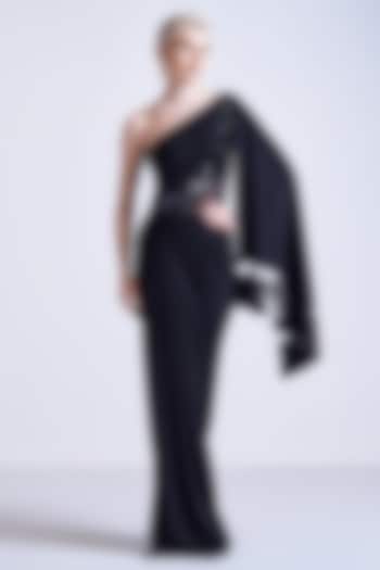 Black Jersey One-Shoulder Embellished Wedding Gown Saree by S&N by Shantnu Nikhil at Pernia's Pop Up Shop