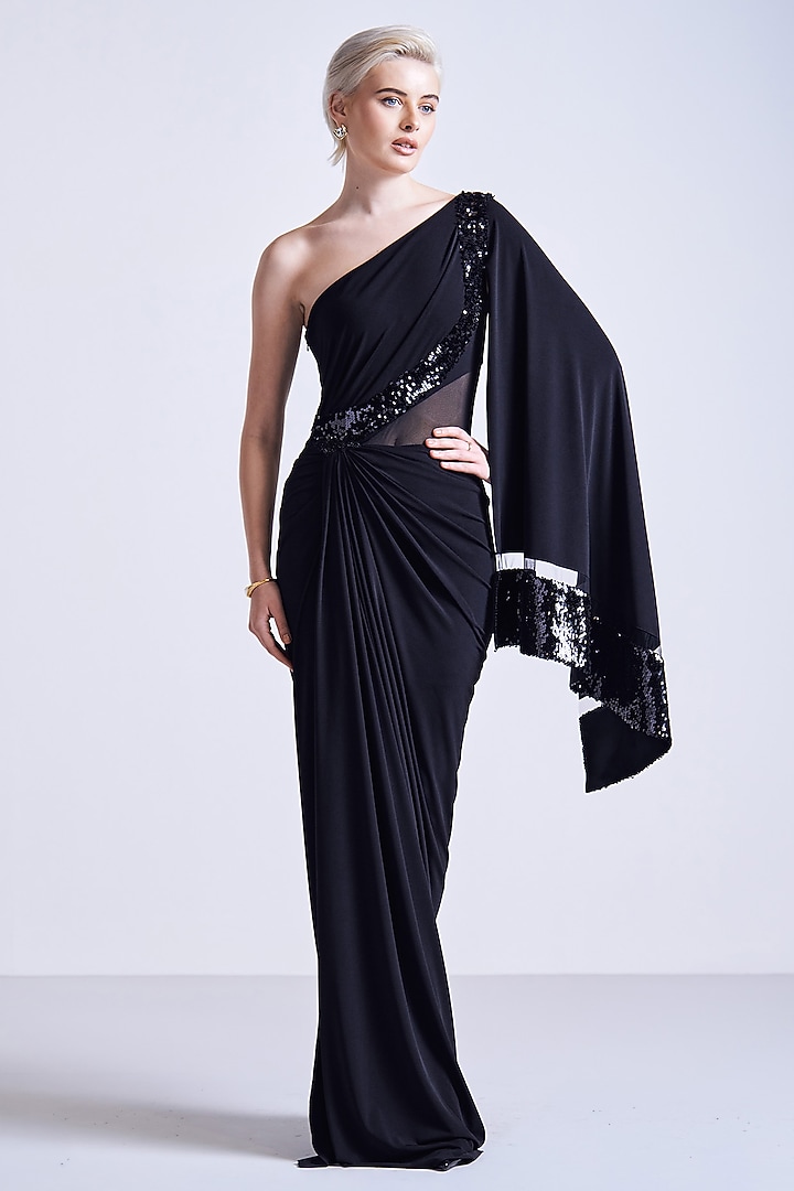 Black Jersey One-Shoulder Embellished Wedding Gown Saree by S&N by Shantnu Nikhil at Pernia's Pop Up Shop