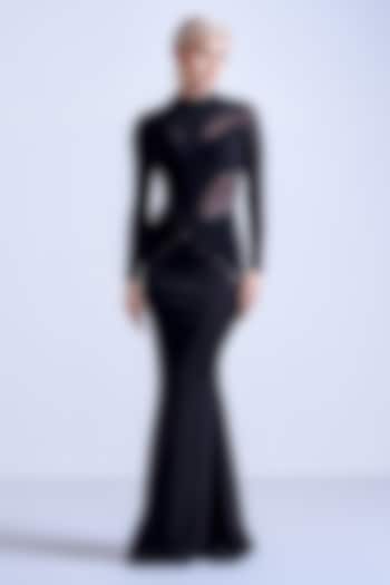 Black Jersey & Sheer Sculpted Wedding Gown Saree by S&N by Shantnu Nikhil at Pernia's Pop Up Shop