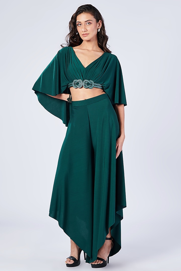 Emerald Poly Jersey Asymmetric Flared Trousers by S&N by Shantnu Nikhil