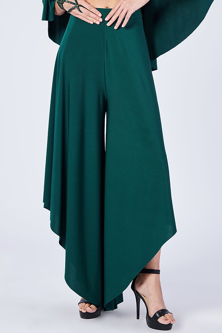 Emerald Poly Jersey Asymmetric Flared Trousers by S&N by Shantnu Nikhil at Pernia's Pop Up Shop