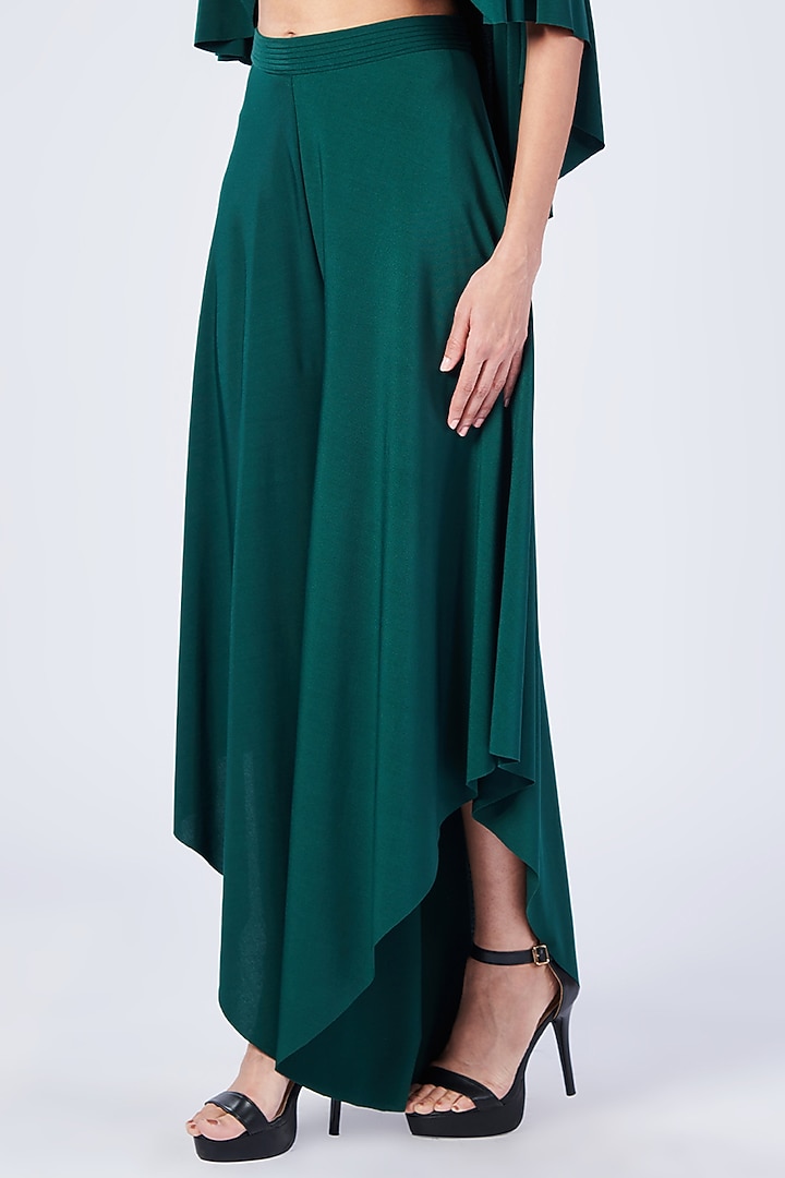 Emerald Poly Jersey Asymmetric Flared Trousers by S&N by Shantnu Nikhil at Pernia's Pop Up Shop