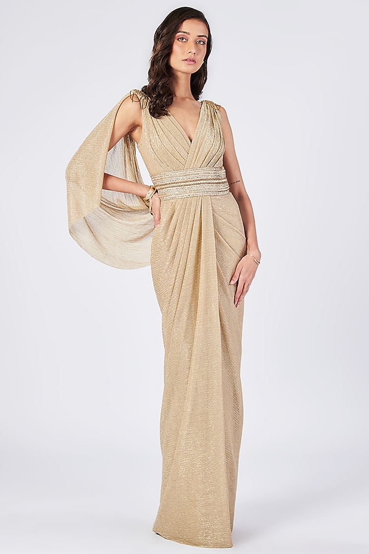Gold Textured Georgette Draped Gown Saree by S&N by Shantnu Nikhil