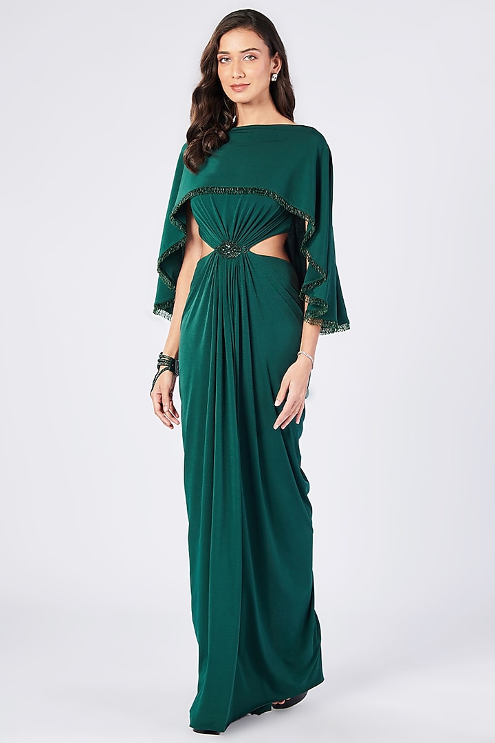Emerald Poly Jersey Draped Cape Gown by S&N by Shantnu Nikhil