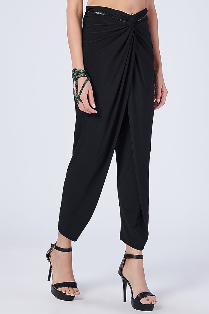 Black Poly Jersey Overlap Draped Pants by S&N by Shantnu Nikhil at Pernia's Pop Up Shop