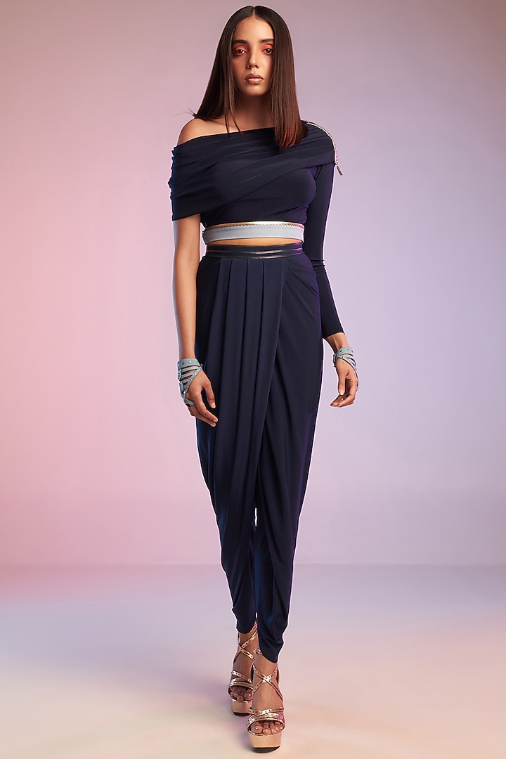 Navy Blue Poly Jersey Overlapped Drape Pants by S&N by Shantnu Nikhil at Pernia's Pop Up Shop