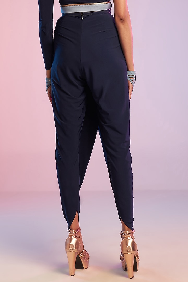 Navy Blue Poly Jersey Overlapped Drape Pants by S&N by Shantnu Nikhil at Pernia's Pop Up Shop