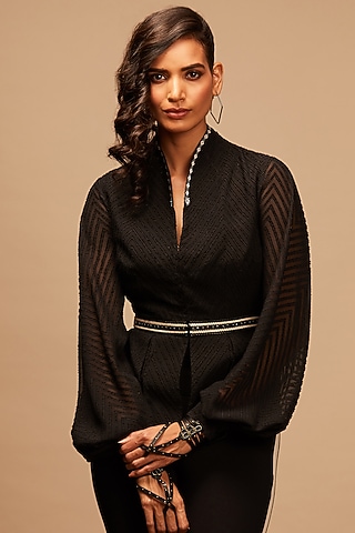 Black Textured Georgette Shirt by S&N by Shantnu Nikhil