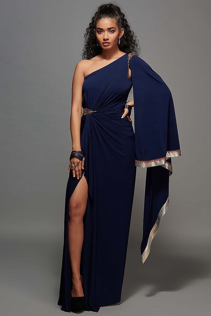Navy Poly Jersey & Metallic Lurex One Shoulder Draped Gown Saree by S&N by Shantnu Nikhil